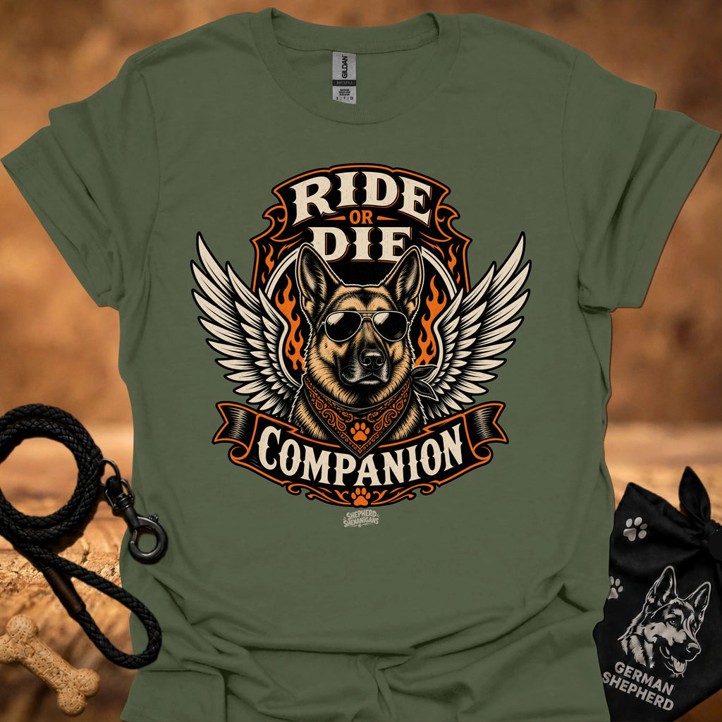 Military green Ride or Die T-shirt with eagle-wing dog emblem and “Companion” text