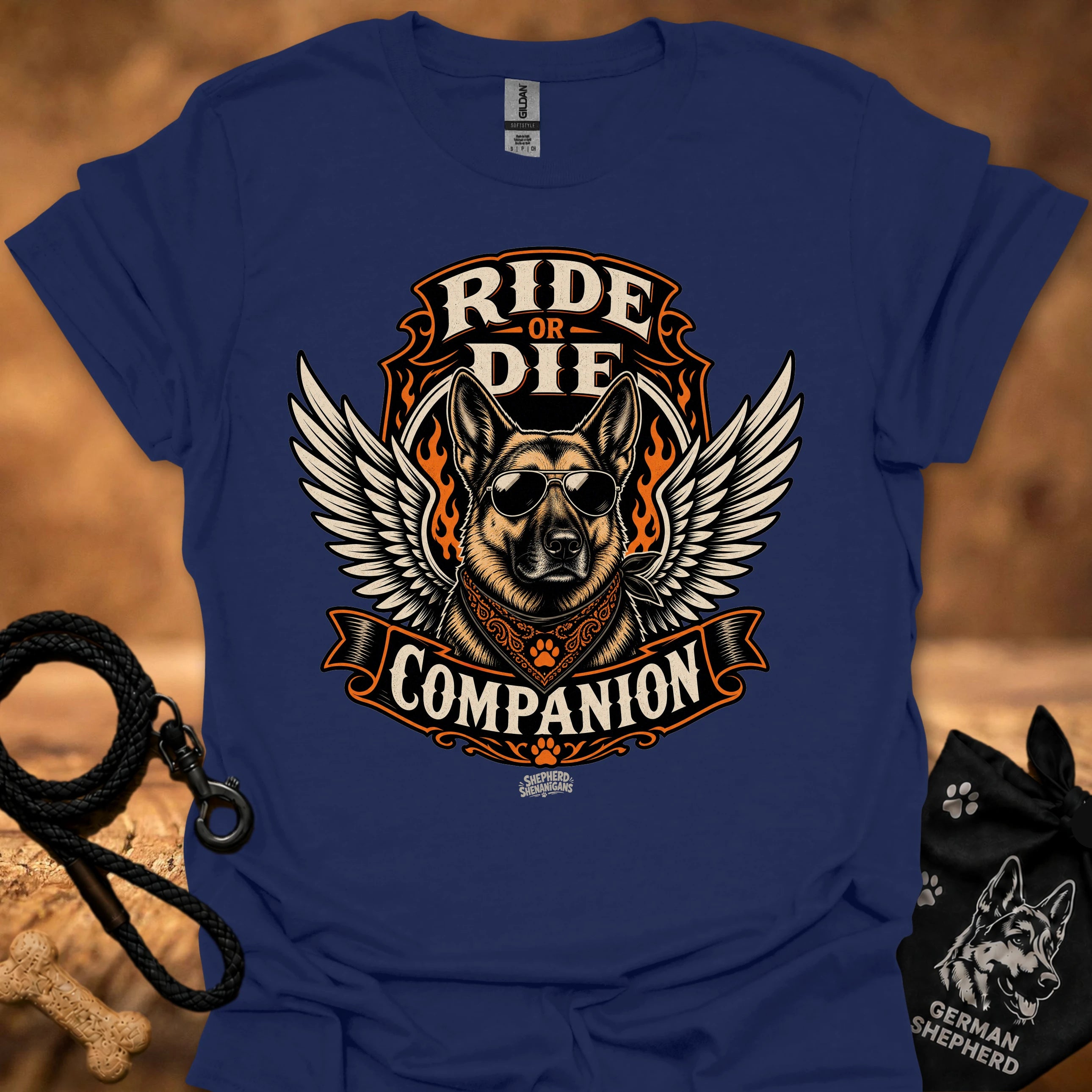 Navy Ride or Die T-shirt with eagle-wing dog emblem graphic and “Companion” text