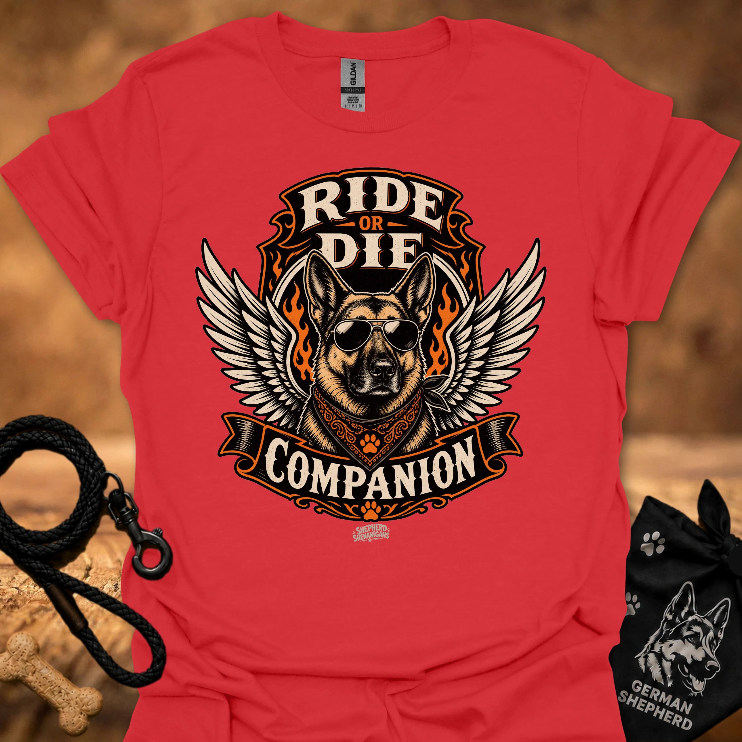 Red Ride or Die T-shirt featuring eagle-wing dog emblem and “Companion” lettering