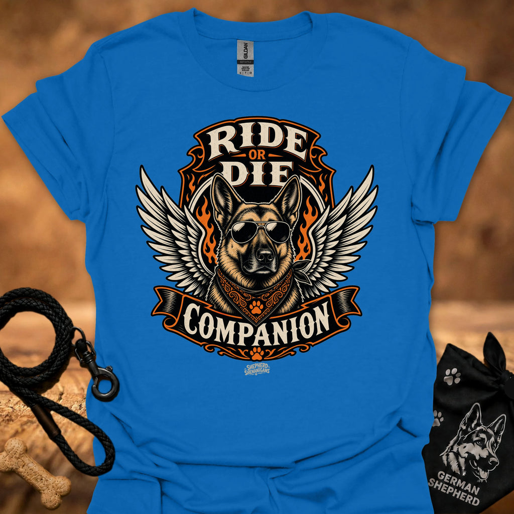 Royal blue Ride or Die T-shirt with eagle-wing dog graphic and “Companion” ribbon text