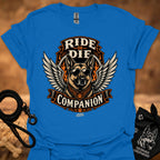 Royal blue Ride or Die T-shirt with eagle-wing dog graphic and “Companion” ribbon text
