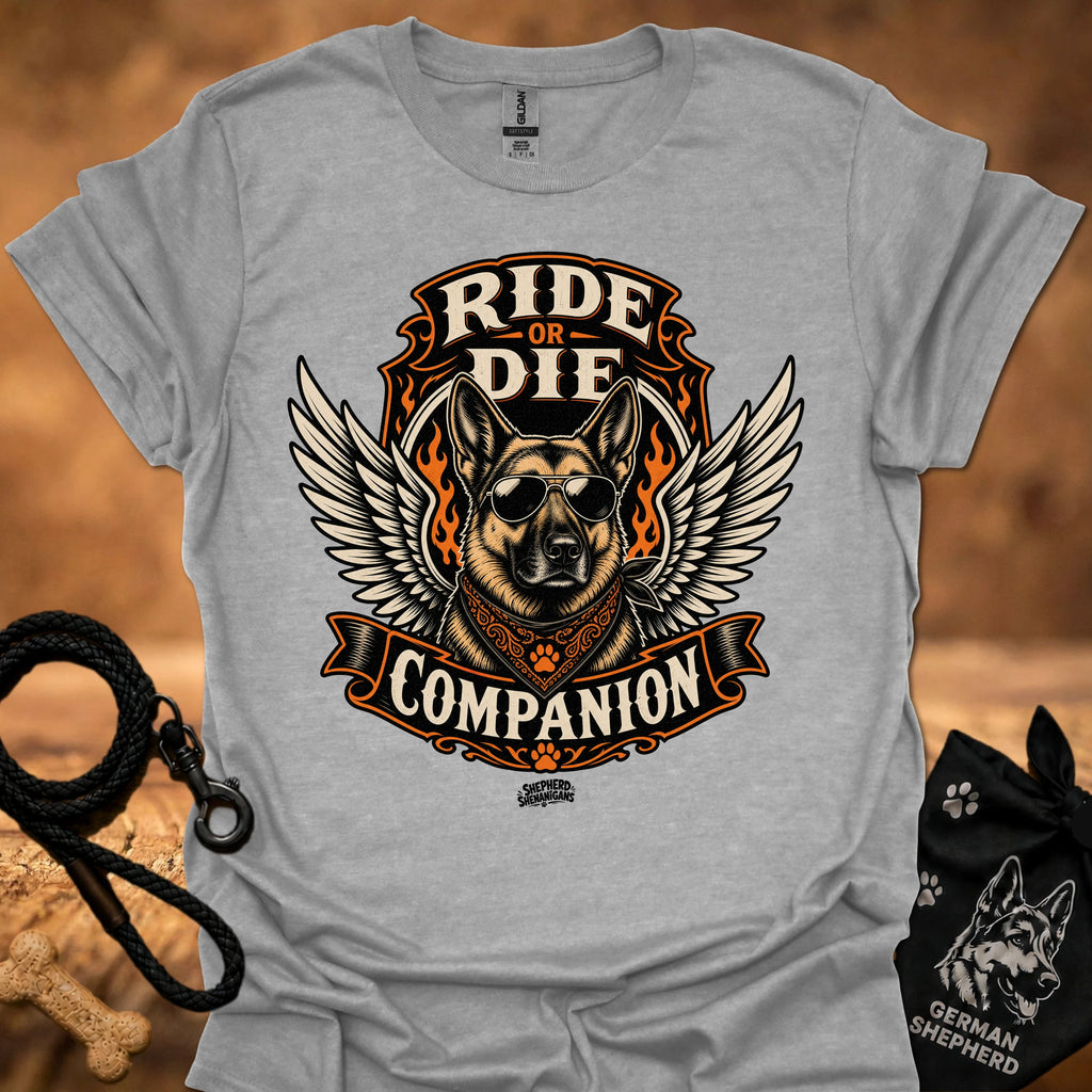 Sport grey Ride or Die T-shirt with eagle-wing dog emblem and “Companion” wordmark