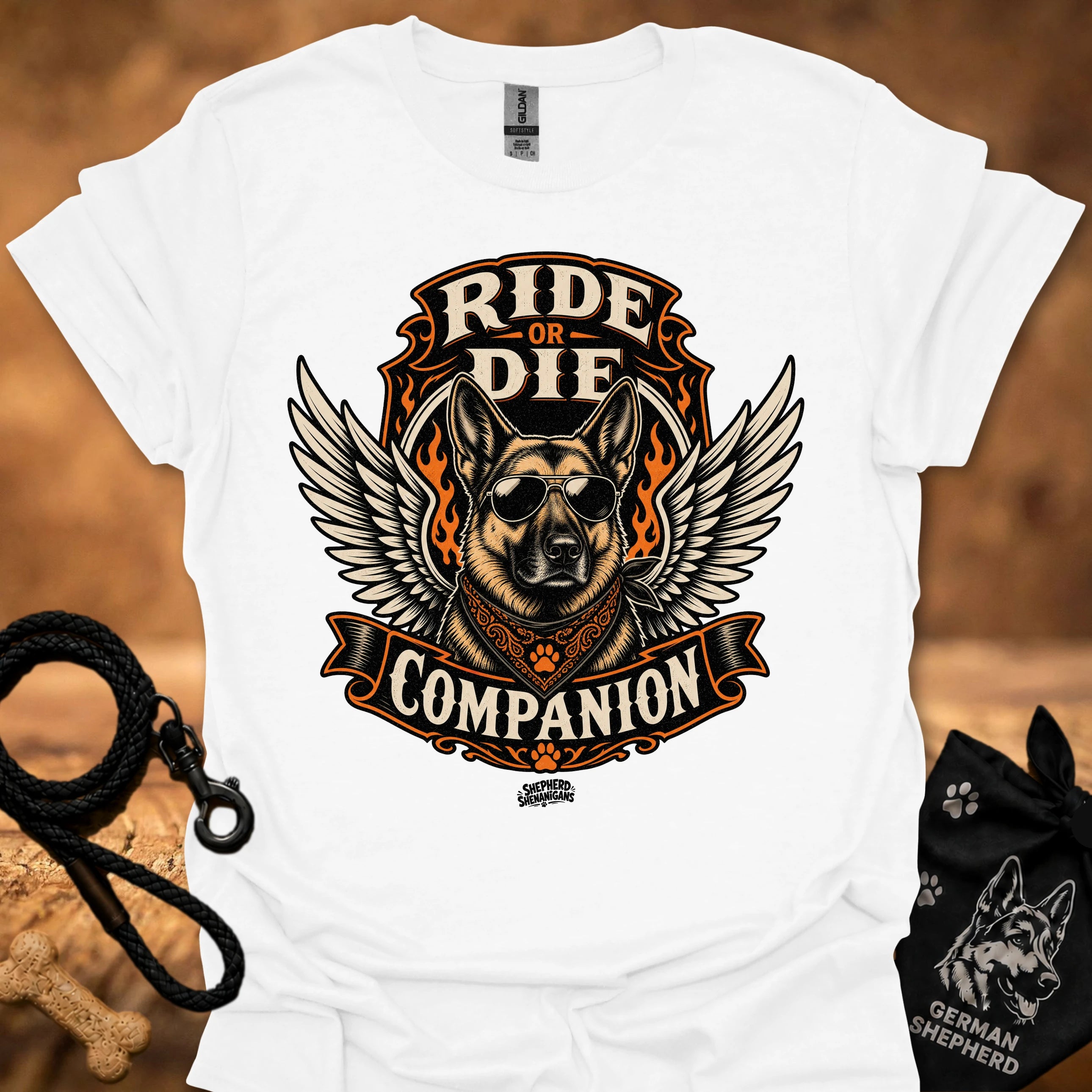 White Ride or Die T-shirt with eagle-wing dog graphic and “Companion” decorative text