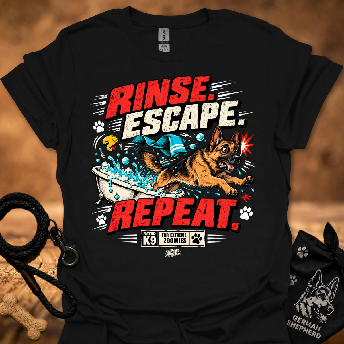 Black short-sleeve T-shirt with colorful dog graphic and bold text on front
