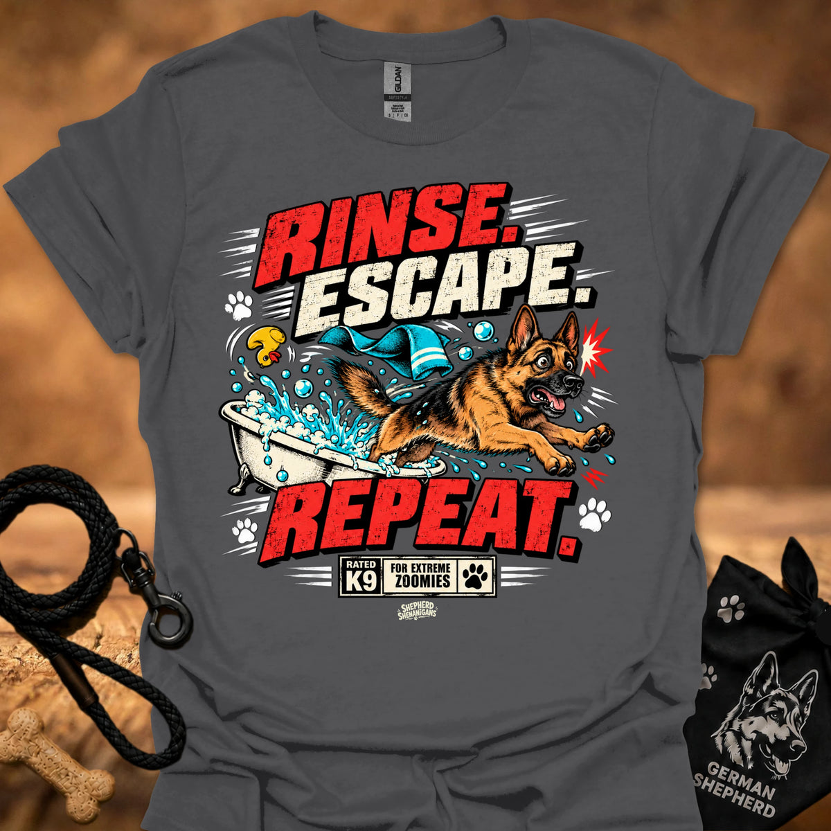 Charcoal short-sleeve T-shirt with colorful dog graphic and bold text on front
