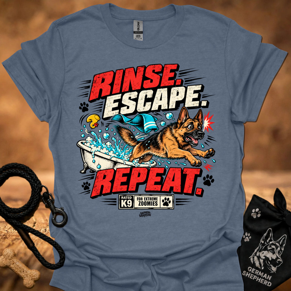 Blue heather short-sleeve T-shirt with colorful dog graphic and bold text on front