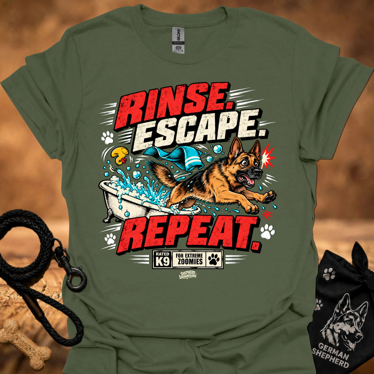 Military green short-sleeve T-shirt with colorful dog graphic and bold text on front