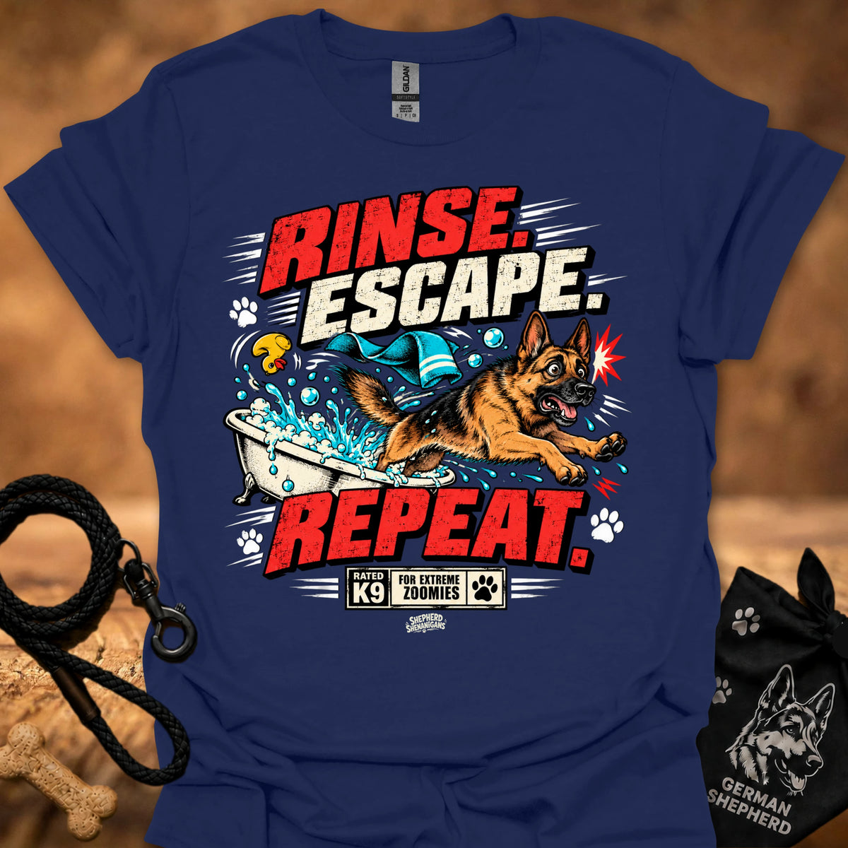 Royal blue short-sleeve T-shirt with colorful dog graphic and bold text on front