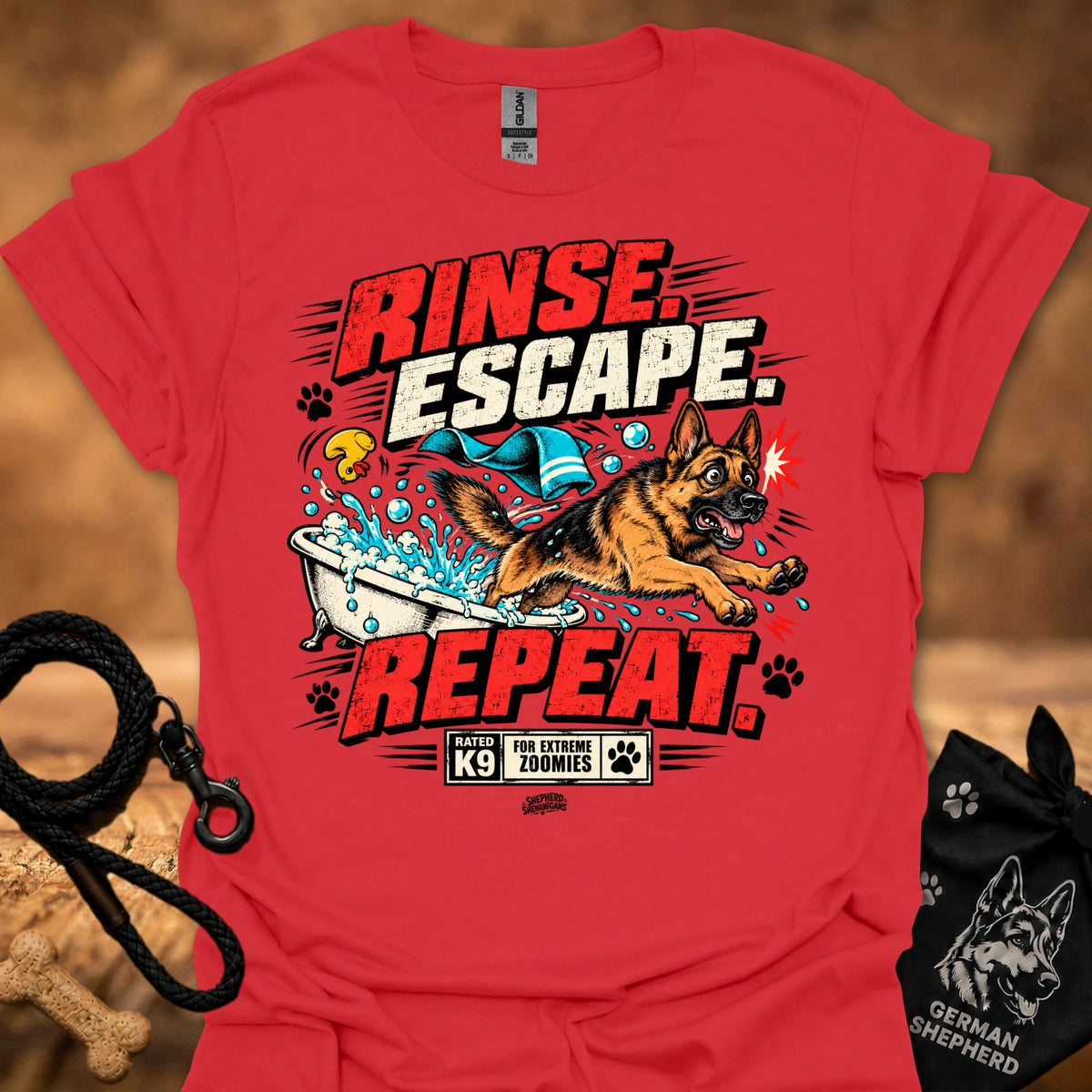 Red short-sleeve T-shirt with colorful dog graphic and bold text on front