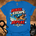 Blue short-sleeve T-shirt with colorful dog graphic and bold text on front