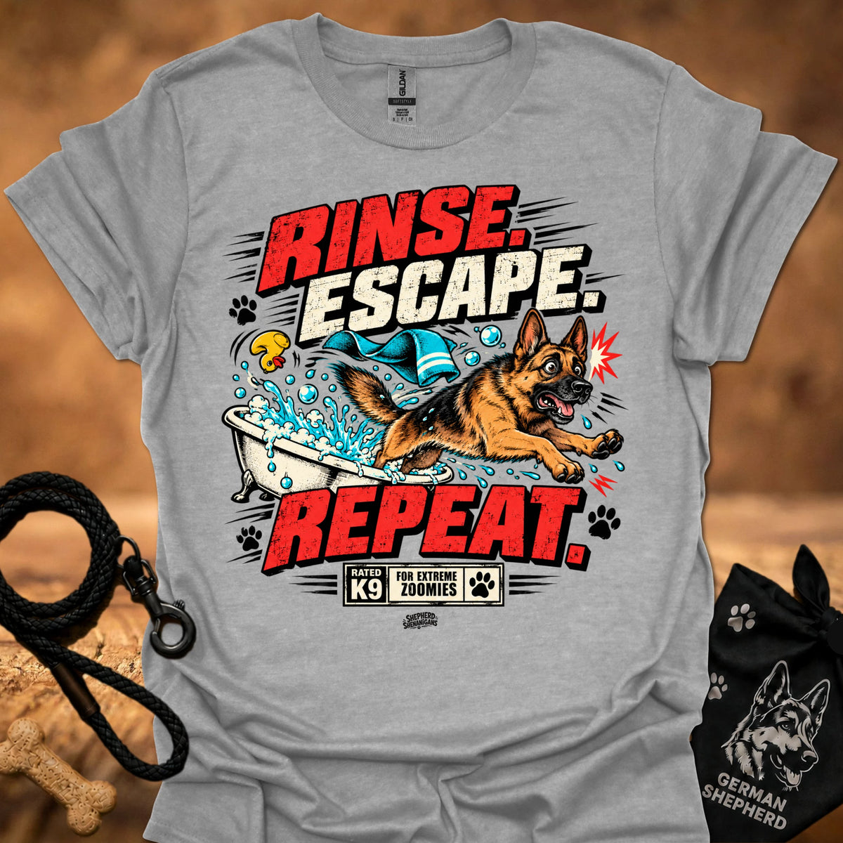 Sport gray short-sleeve T-shirt with colorful dog graphic and bold text on front