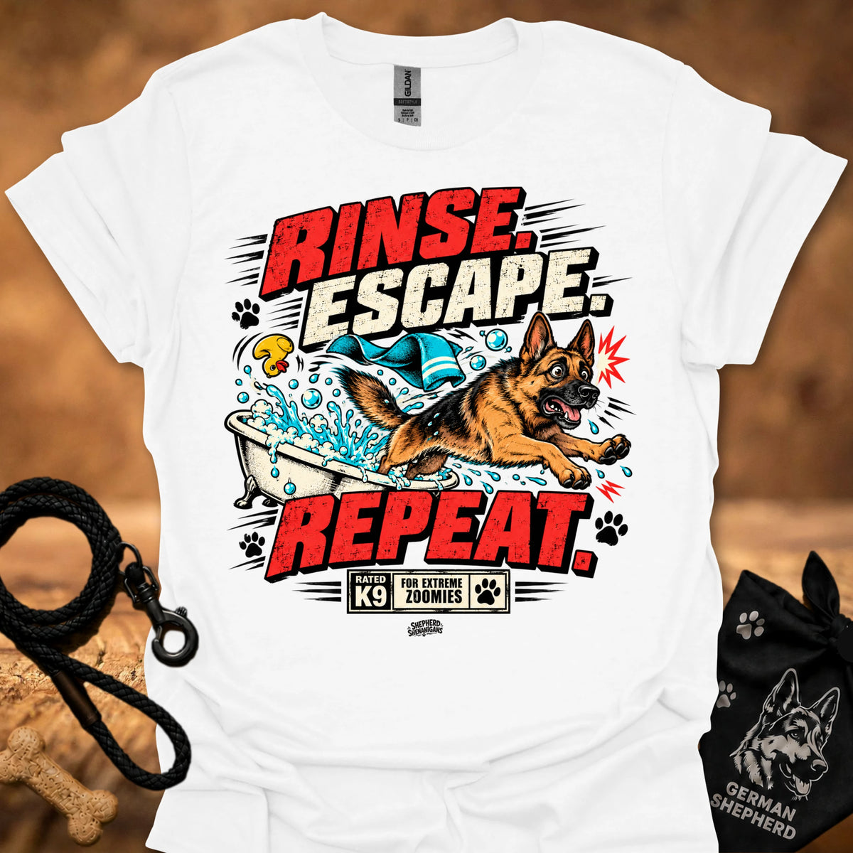 White short-sleeve T-shirt with colorful dog graphic and bold text on front