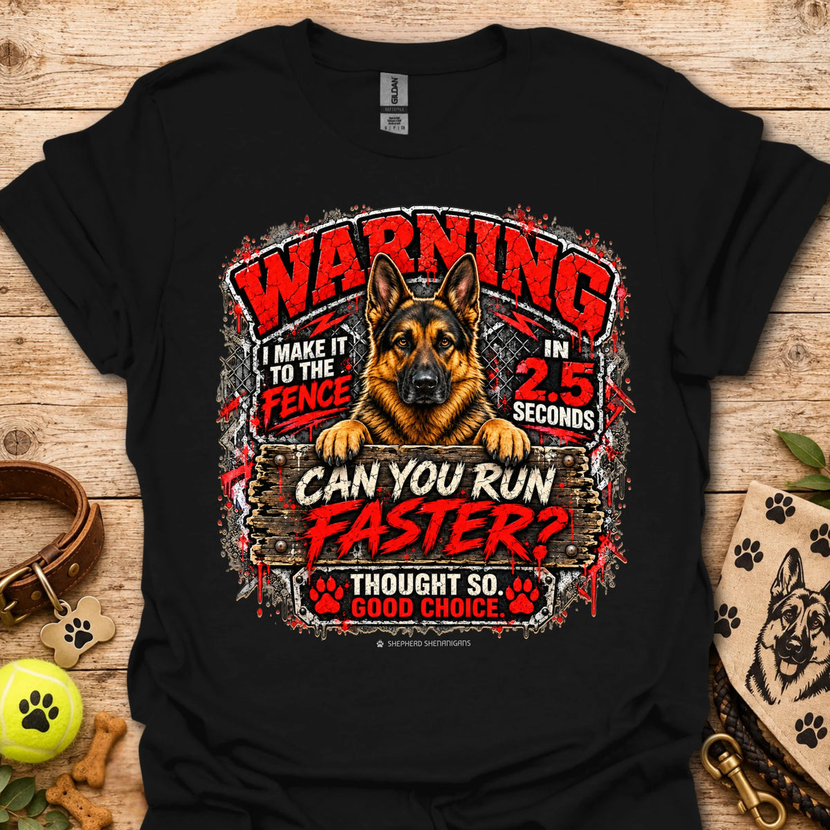 Black T-shirt with German shepherd 'WARNING' racing graphic