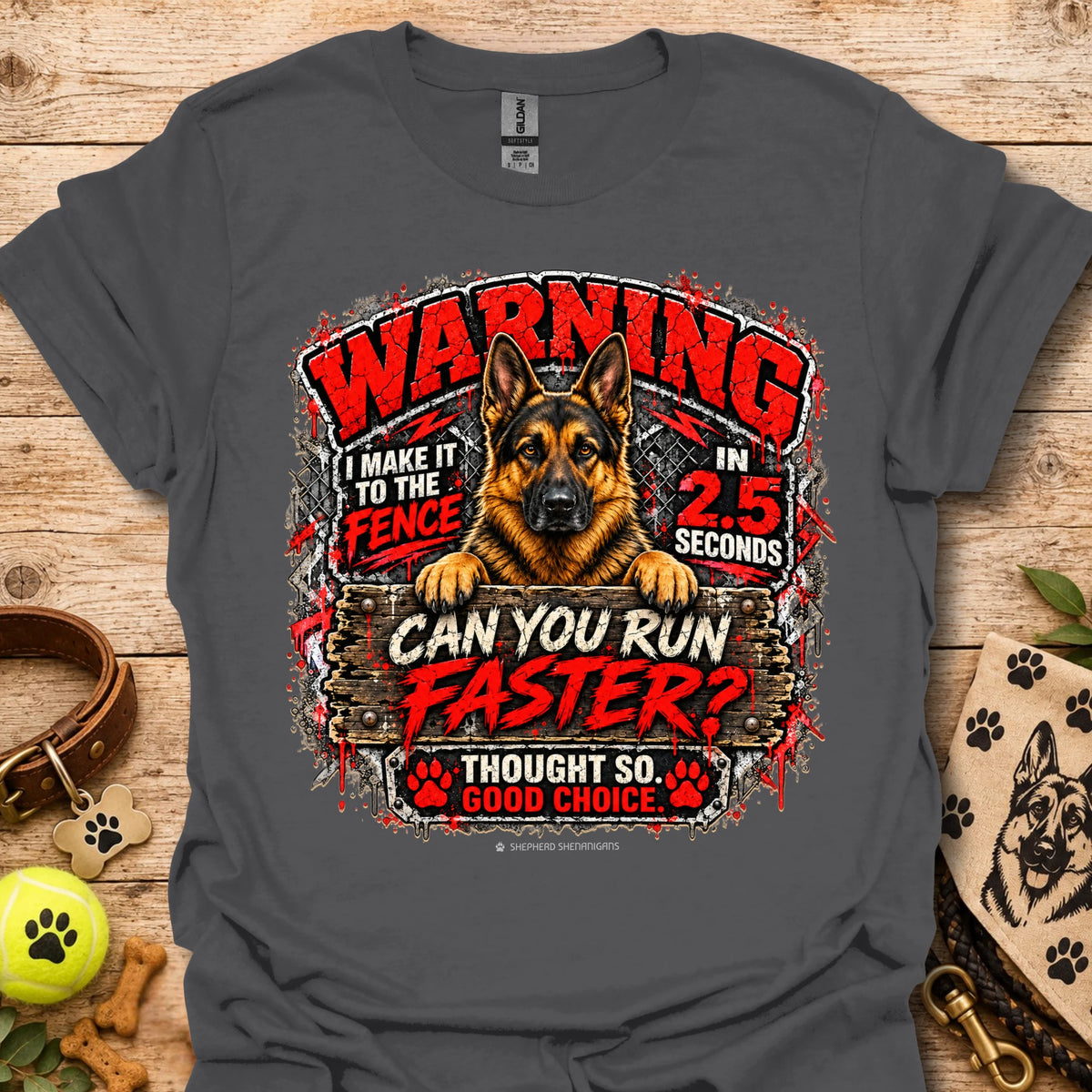 Charcoal T-shirt with German shepherd 'WARNING' racing graphic