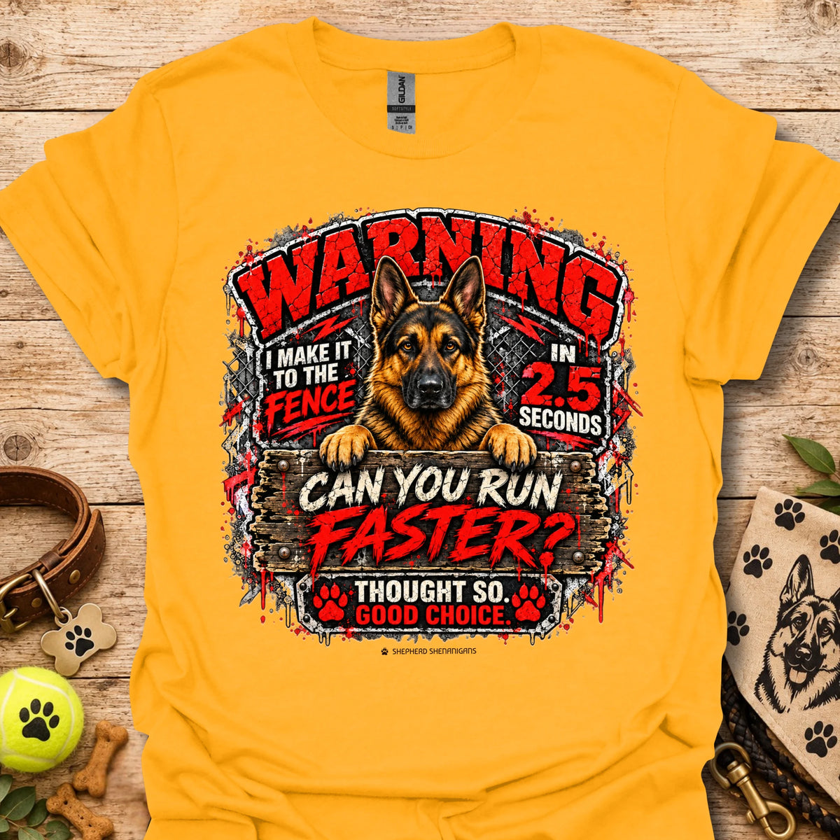 Gold T-shirt with German shepherd 'WARNING' racing graphic