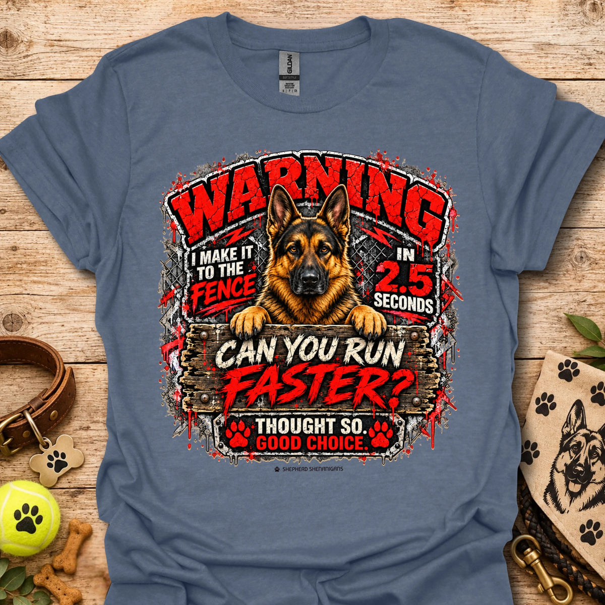 Heather Indigo T-shirt with German shepherd 'WARNING' racing graphic