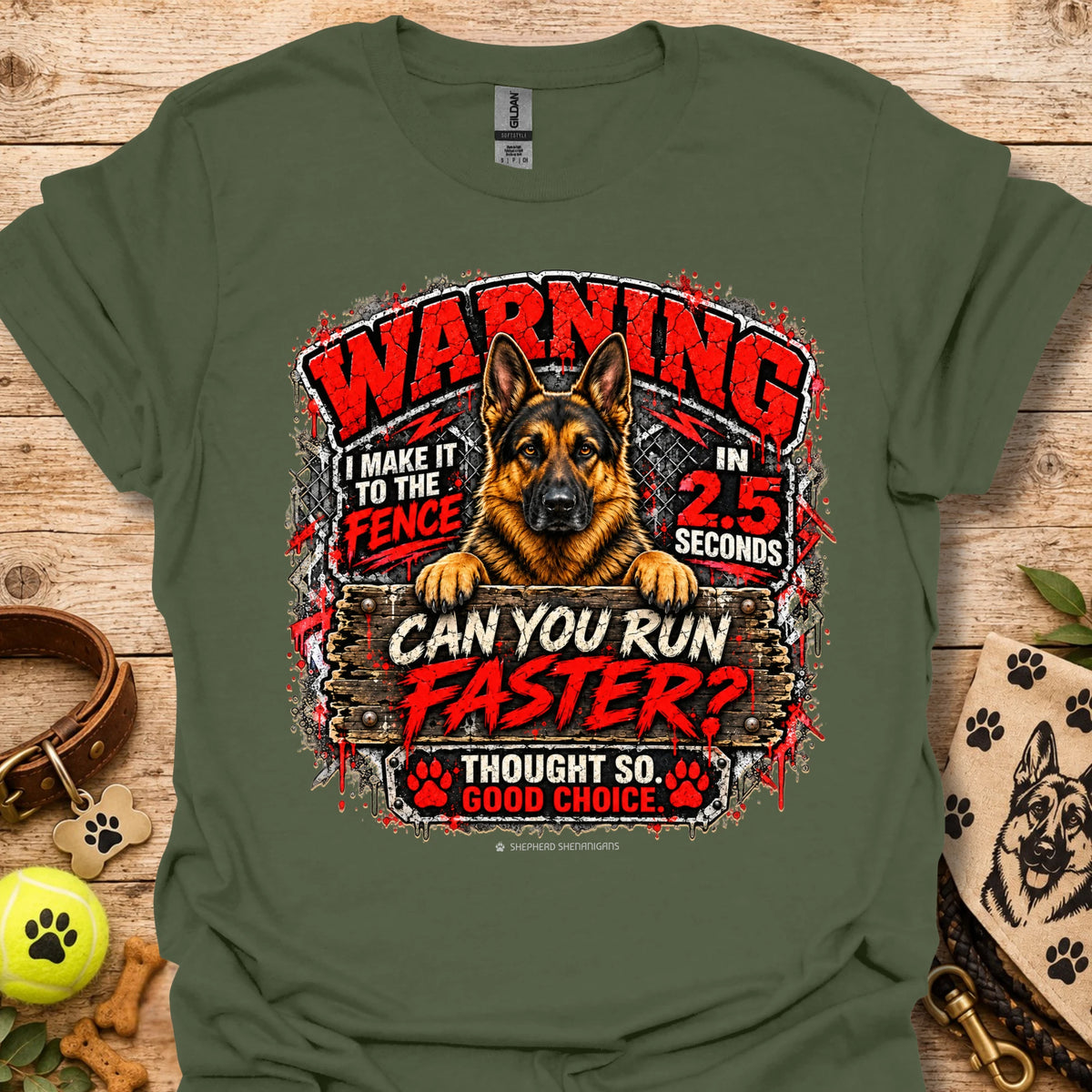 Military Green T-shirt with German shepherd 'WARNING' racing graphic
