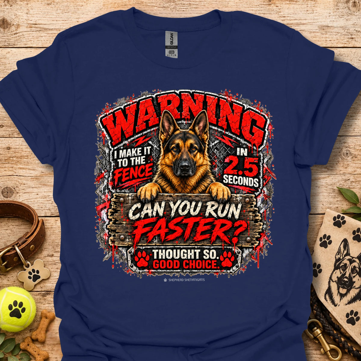 Navy T-shirt with German shepherd 'WARNING' racing graphic