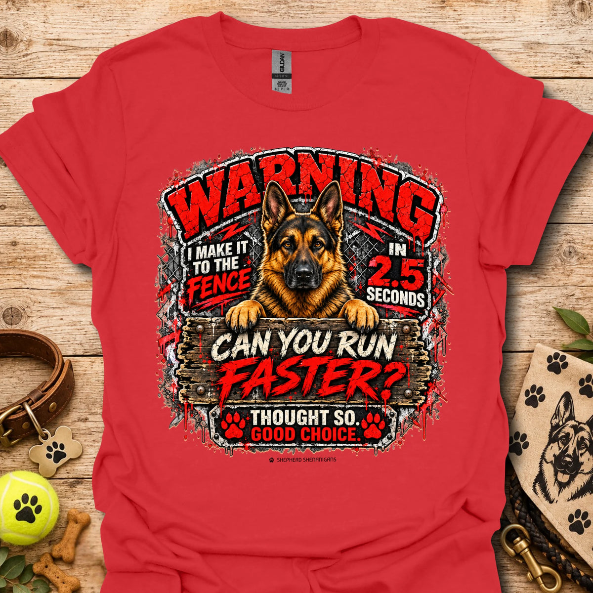 Red T-shirt with German shepherd 'WARNING' racing graphic