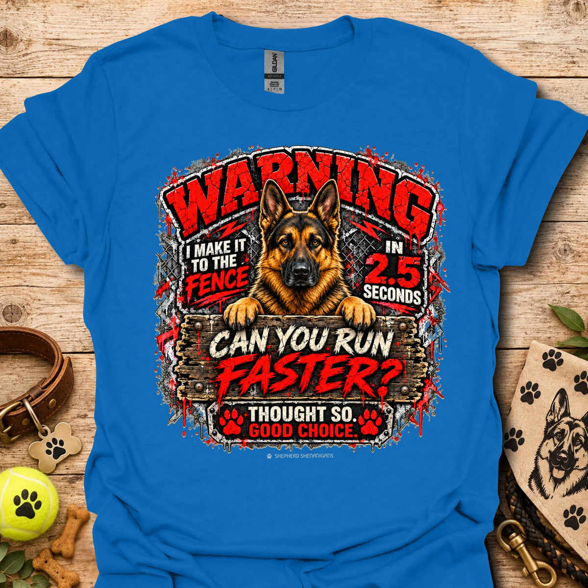 Royal Blue T-shirt with German shepherd 'WARNING' racing graphic