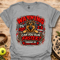 Sport Grey T-shirt with German shepherd 'WARNING' racing graphic