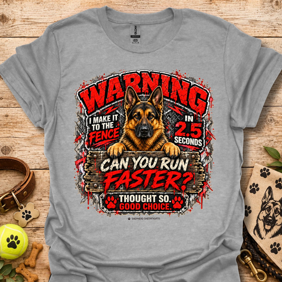 Sport Grey T-shirt with German shepherd 'WARNING' racing graphic