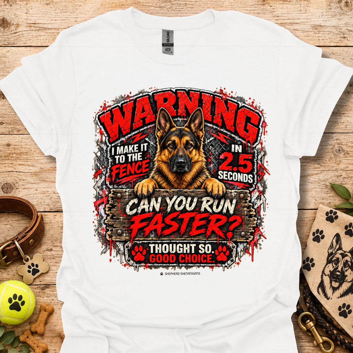 White T-shirt with German shepherd 'WARNING' racing graphic