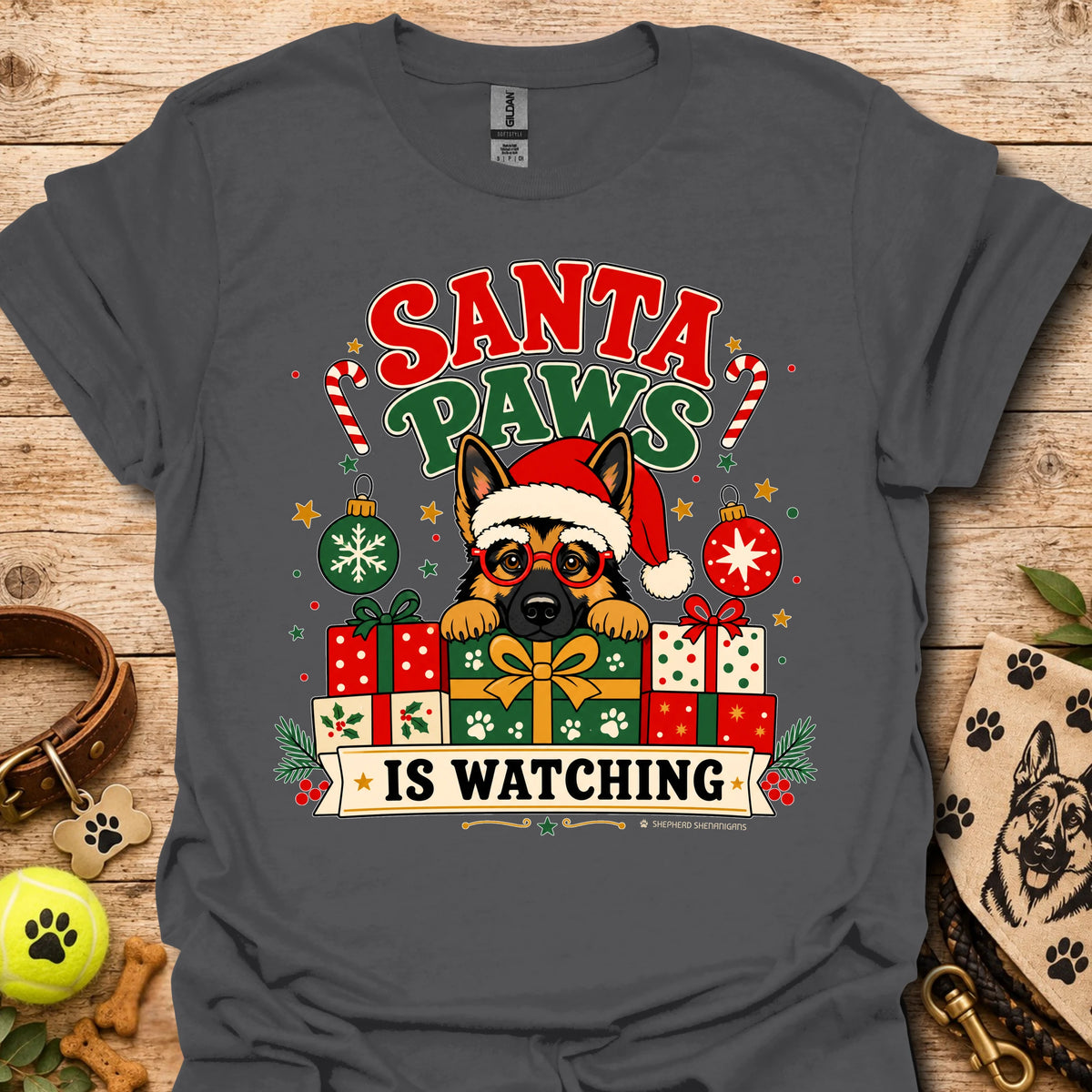 Charcoal crew-neck t-shirt with cartoon dog Santa hat and gift graphic
