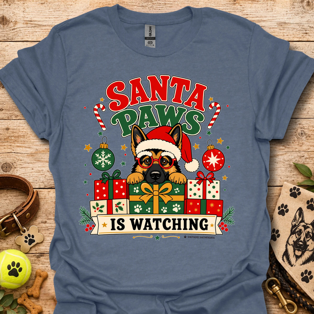 Heather indigo crew-neck t-shirt with cartoon dog Santa hat and gift graphic