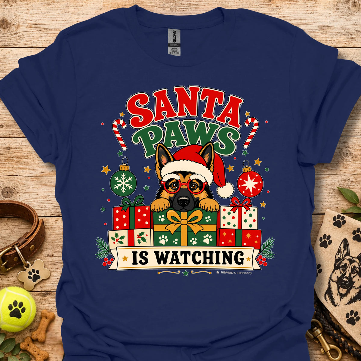Navy crew-neck t-shirt with cartoon dog Santa hat and gift graphic