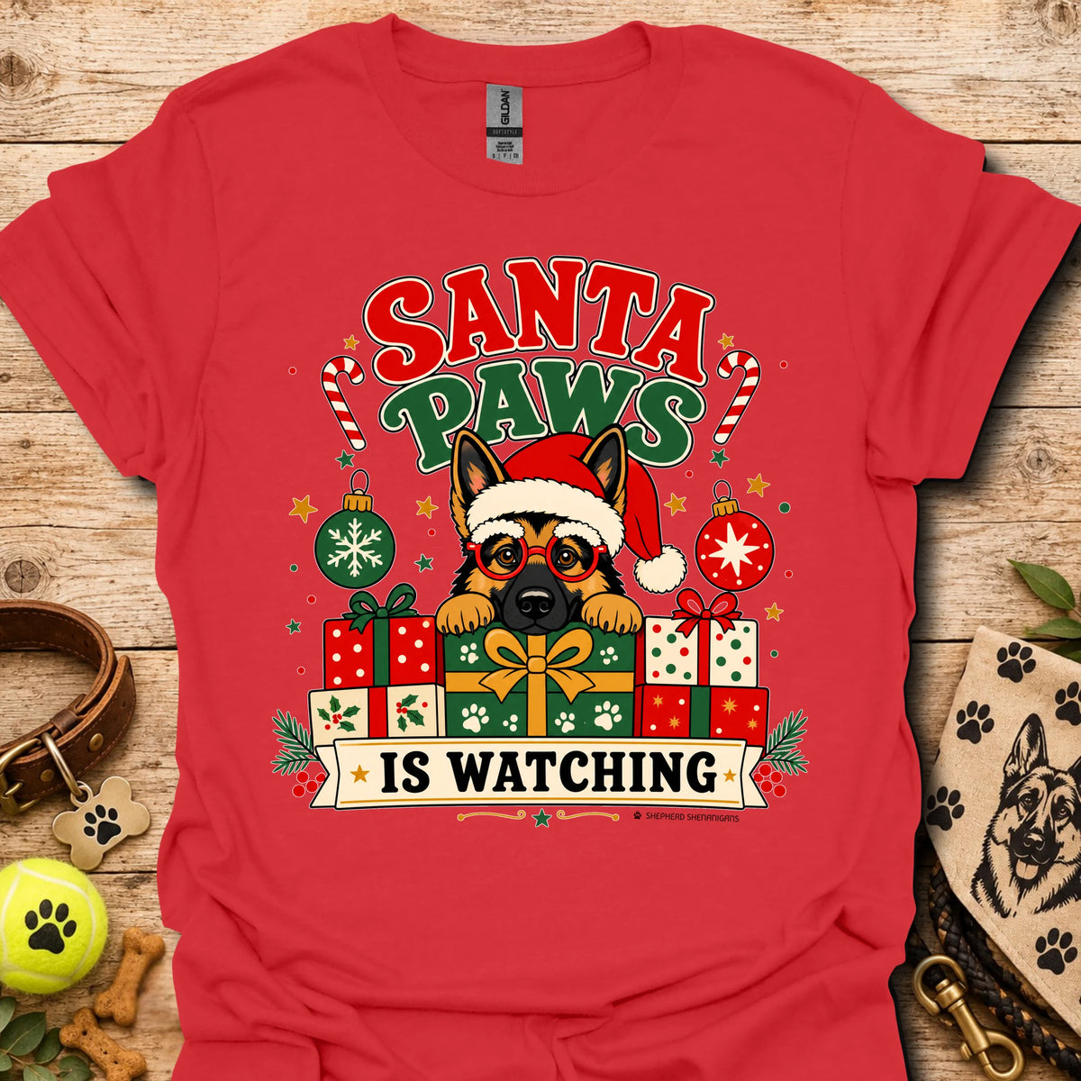 Red crew-neck t-shirt with cartoon dog Santa hat and gift graphic