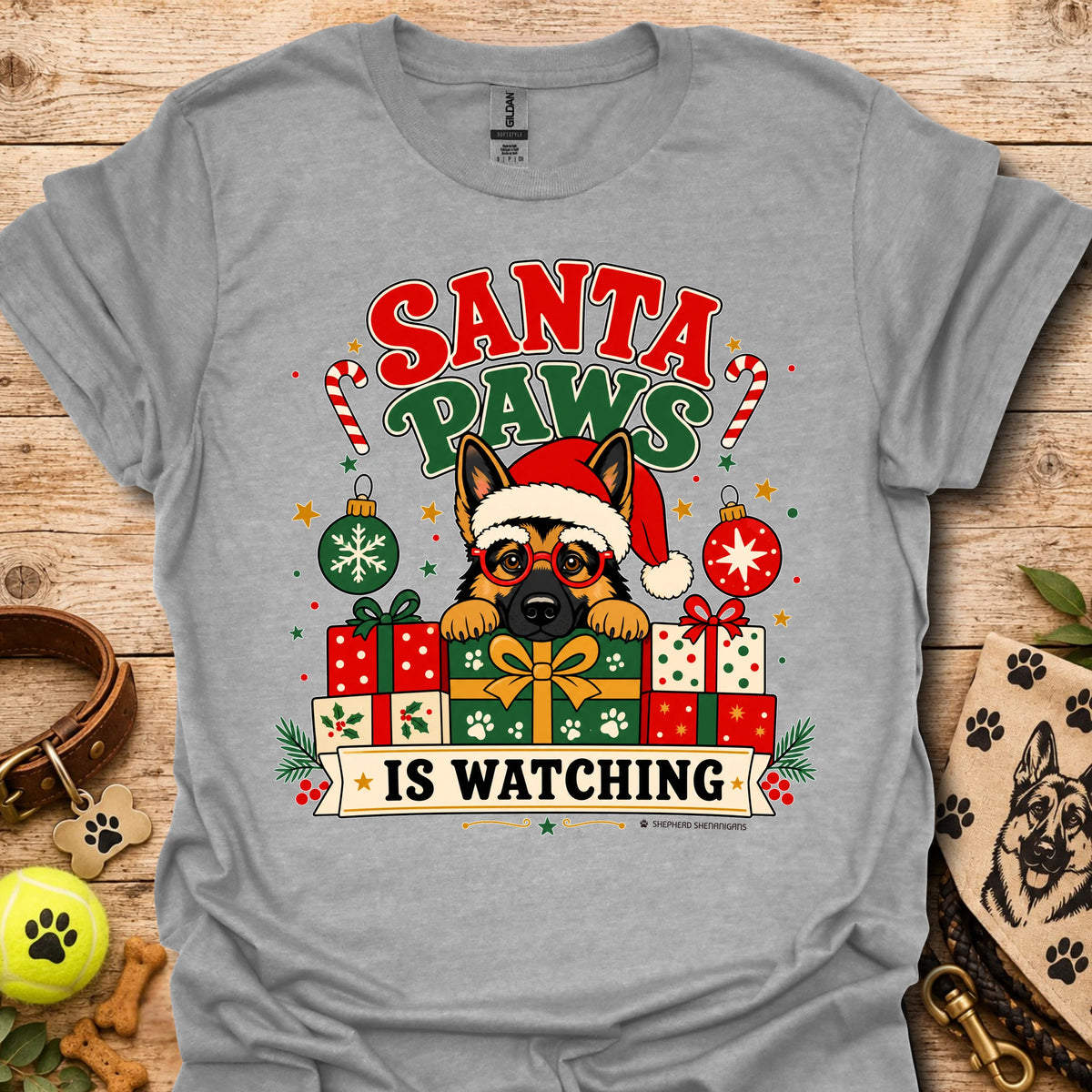 Sport grey crew-neck t-shirt with cartoon dog Santa hat and gift graphic