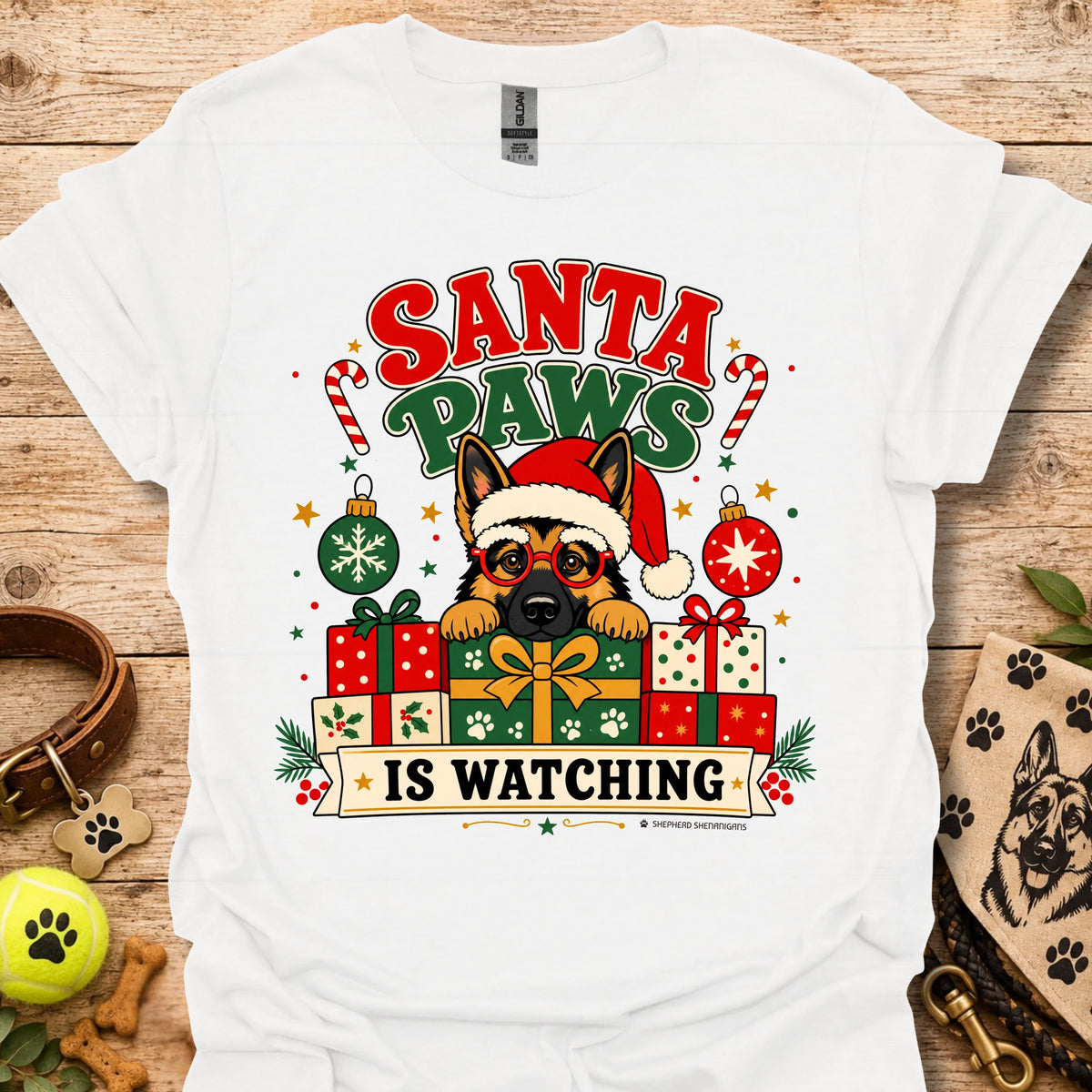White crew-neck t-shirt with cartoon dog Santa hat and gift graphic