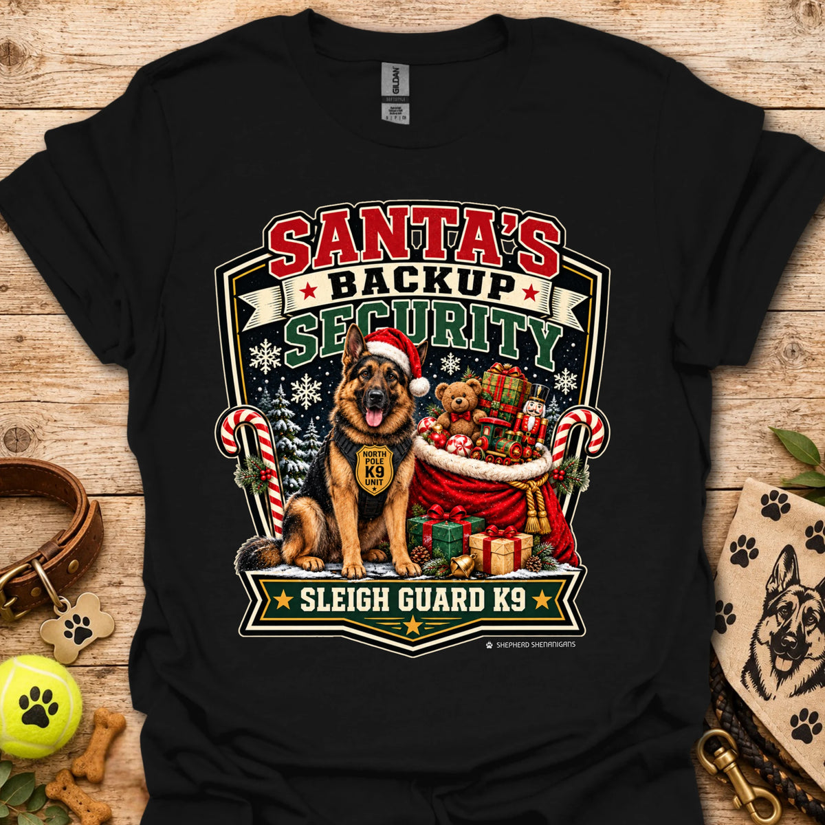 Black T-shirt with Santa security K9 sleigh guard graphic