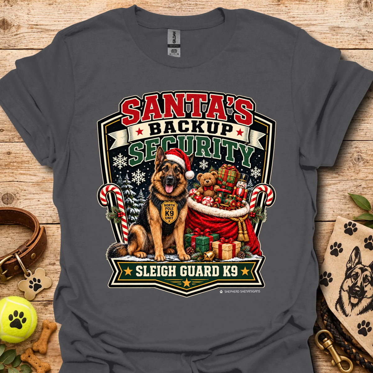 Charcoal T-shirt with Santa security K9 sleigh guard graphic