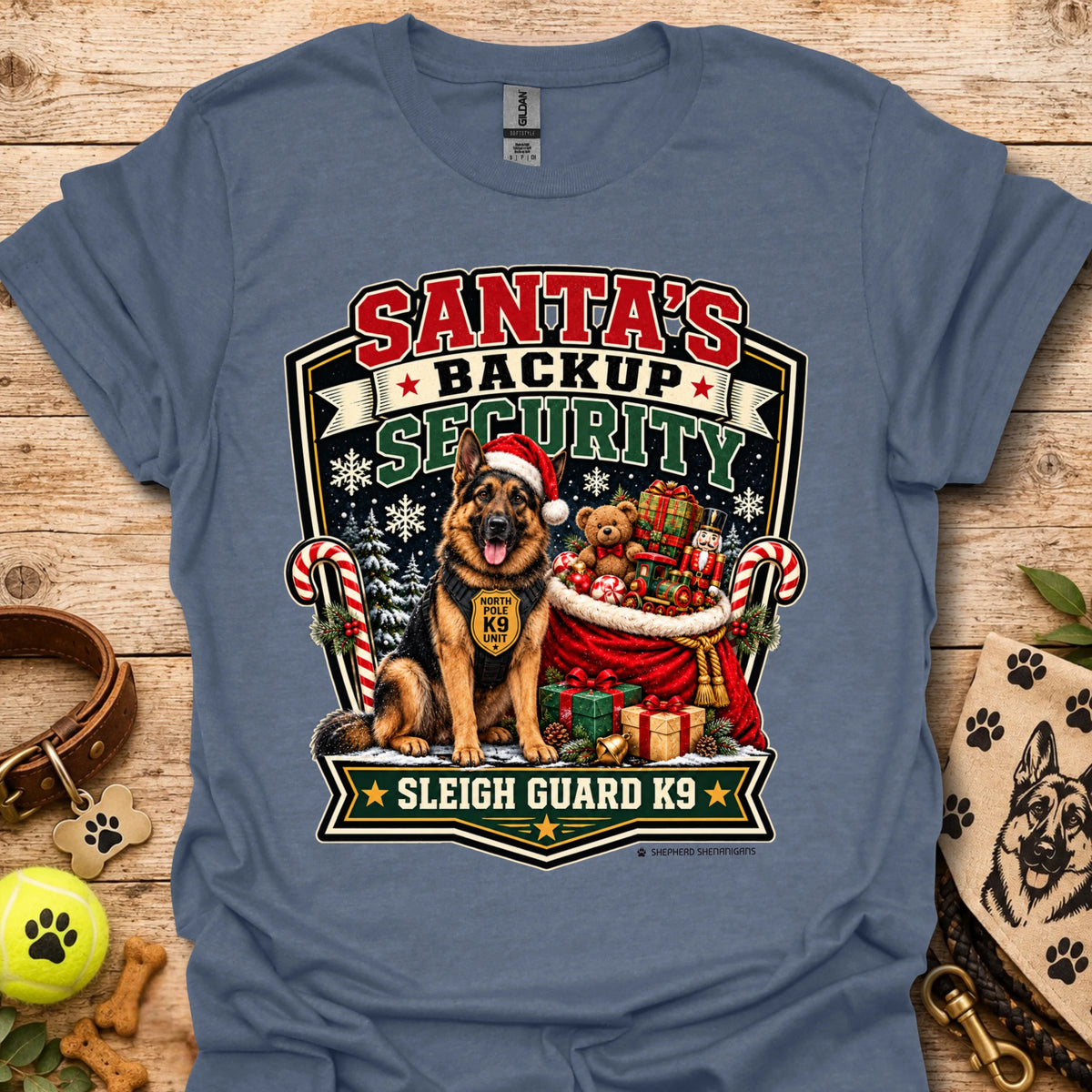 Heather indigo T-shirt with Santa security K9 sleigh guard graphic