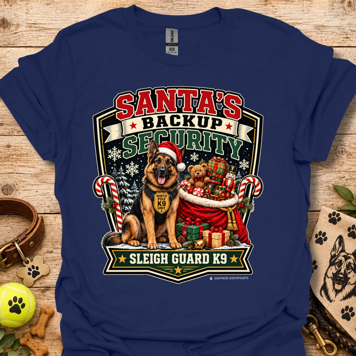 Navy T-shirt with Santa security K9 sleigh guard graphic