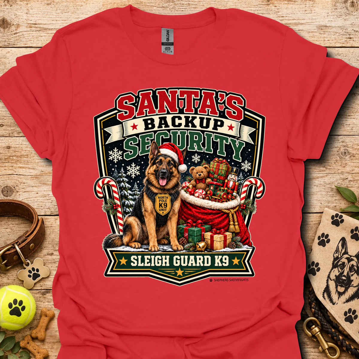 Red T-shirt with Santa security K9 sleigh guard graphic