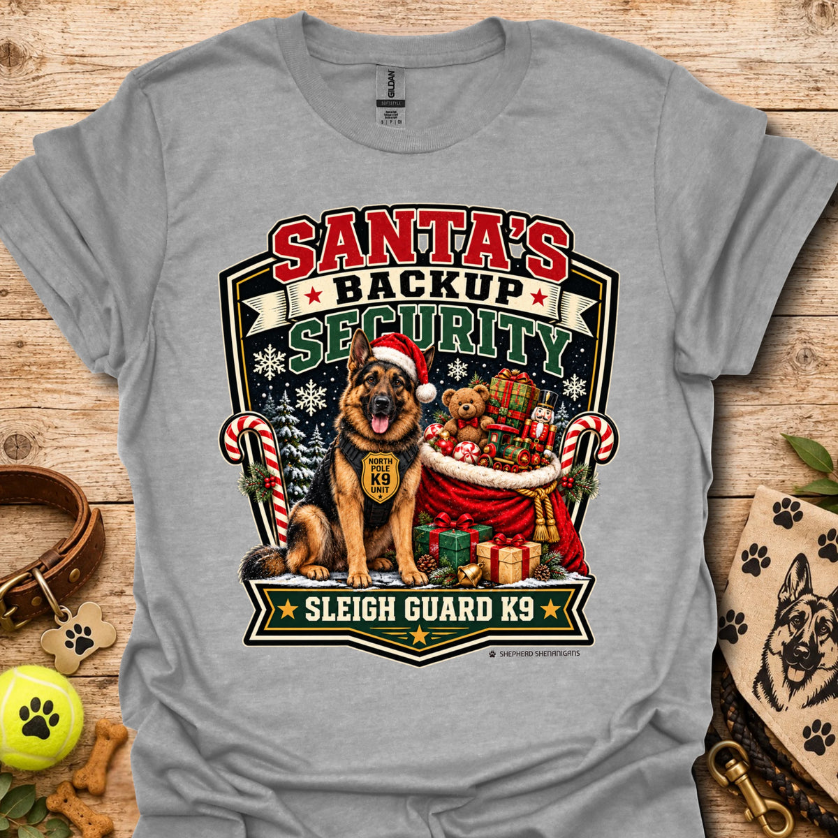 Sport grey T-shirt with Santa security K9 sleigh guard graphic