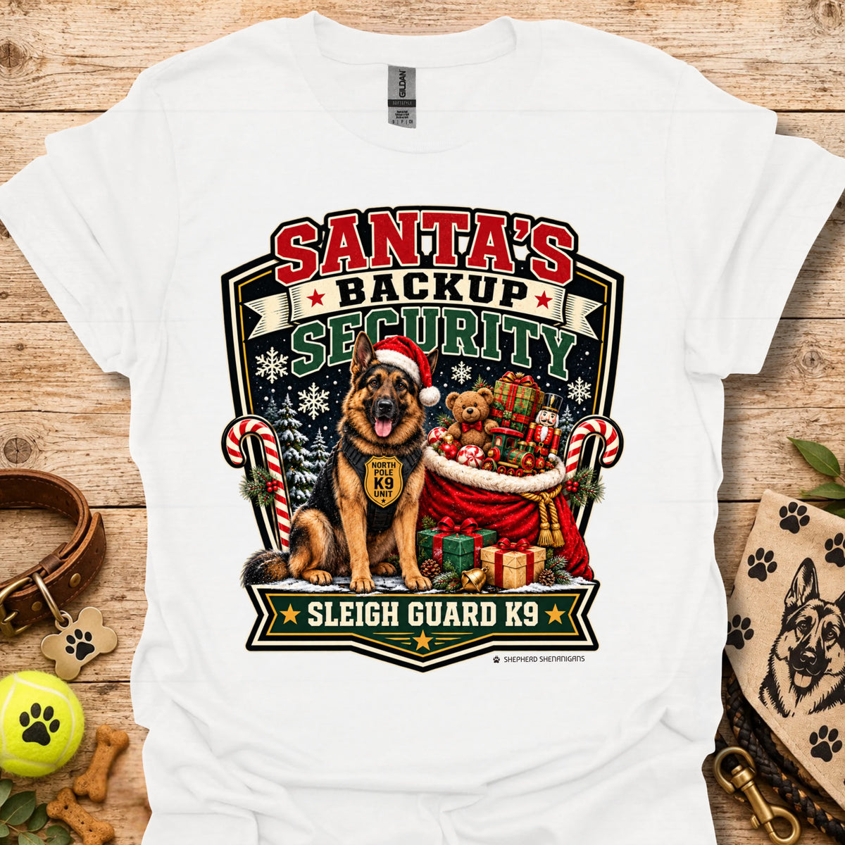 White T-shirt with Santa security K9 sleigh guard graphic