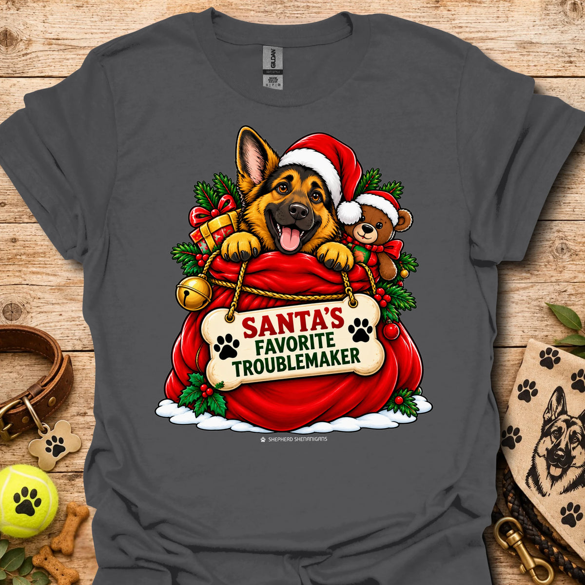 Christmas dog Santa hat graphic t-shirt in dark gray