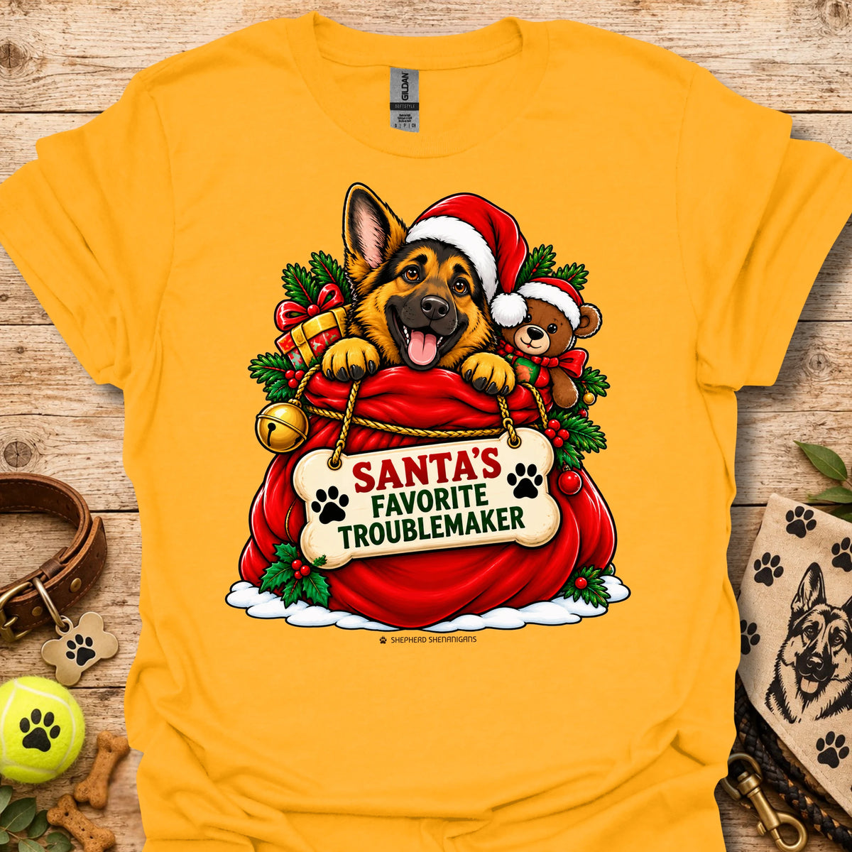 Christmas dog Santa hat graphic t-shirt in mustard yellow