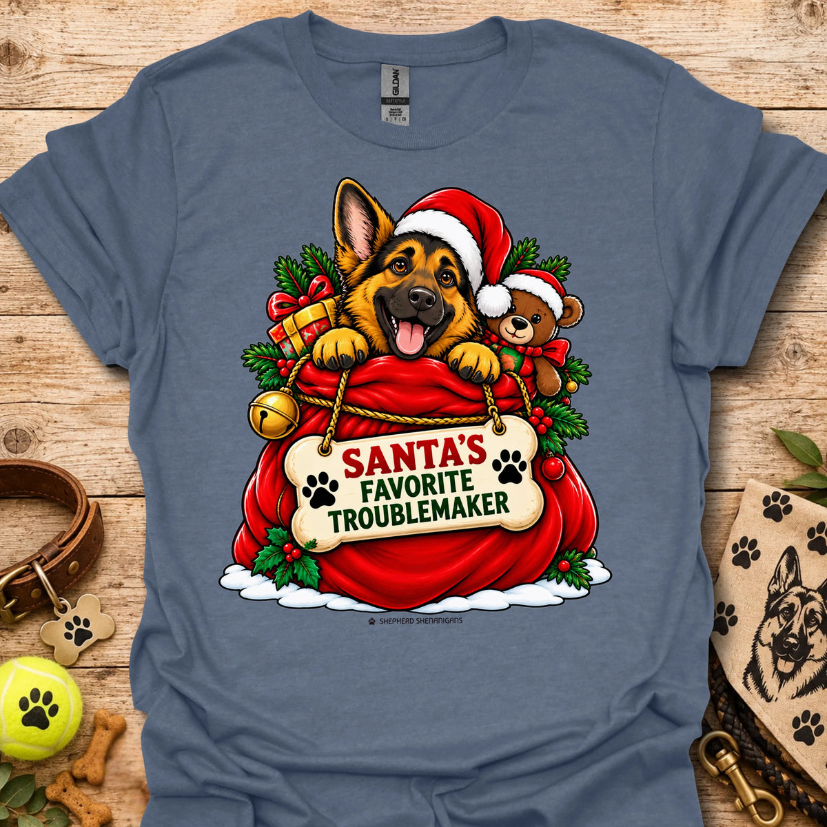 Christmas dog Santa hat graphic t-shirt in blue-gray