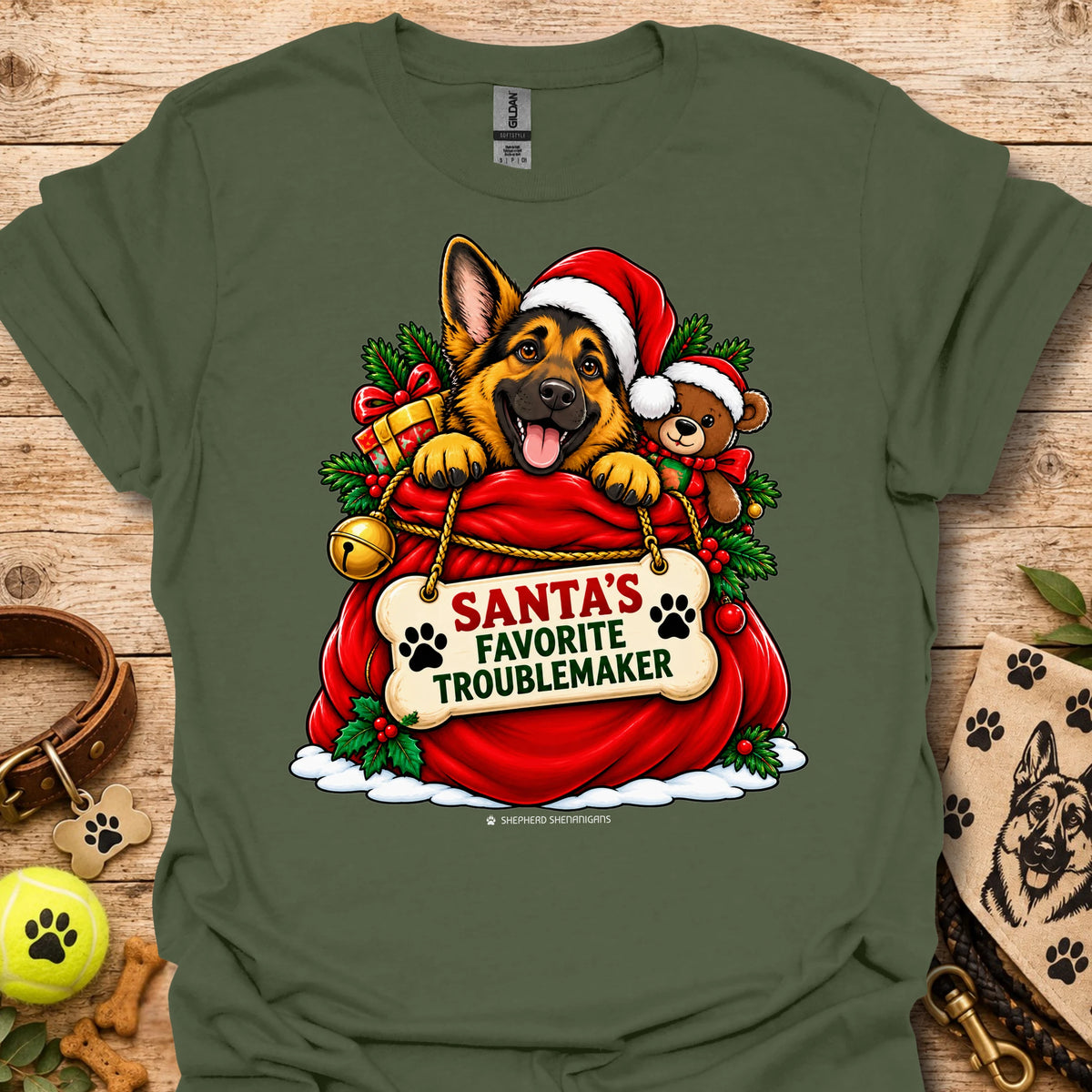 Christmas dog Santa hat graphic t-shirt in olive green