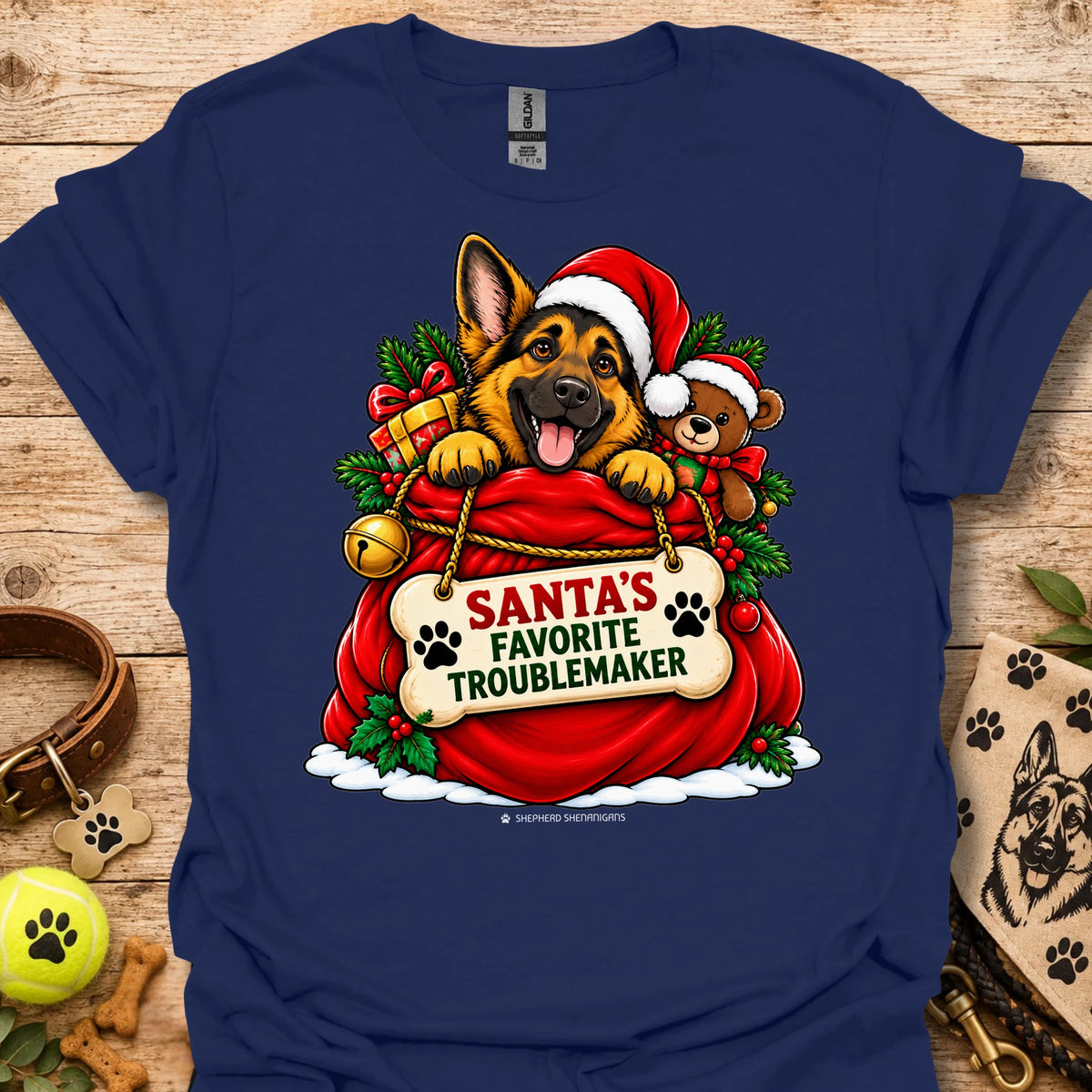 Christmas dog Santa hat graphic t-shirt in navy blue