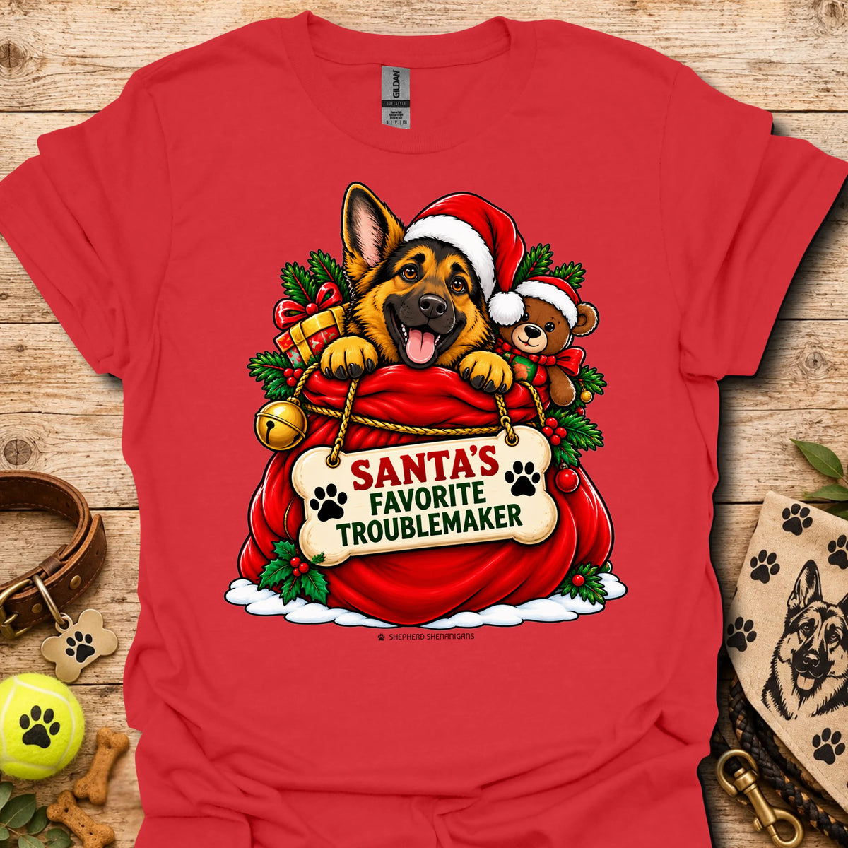 Christmas dog Santa hat graphic t-shirt in red
