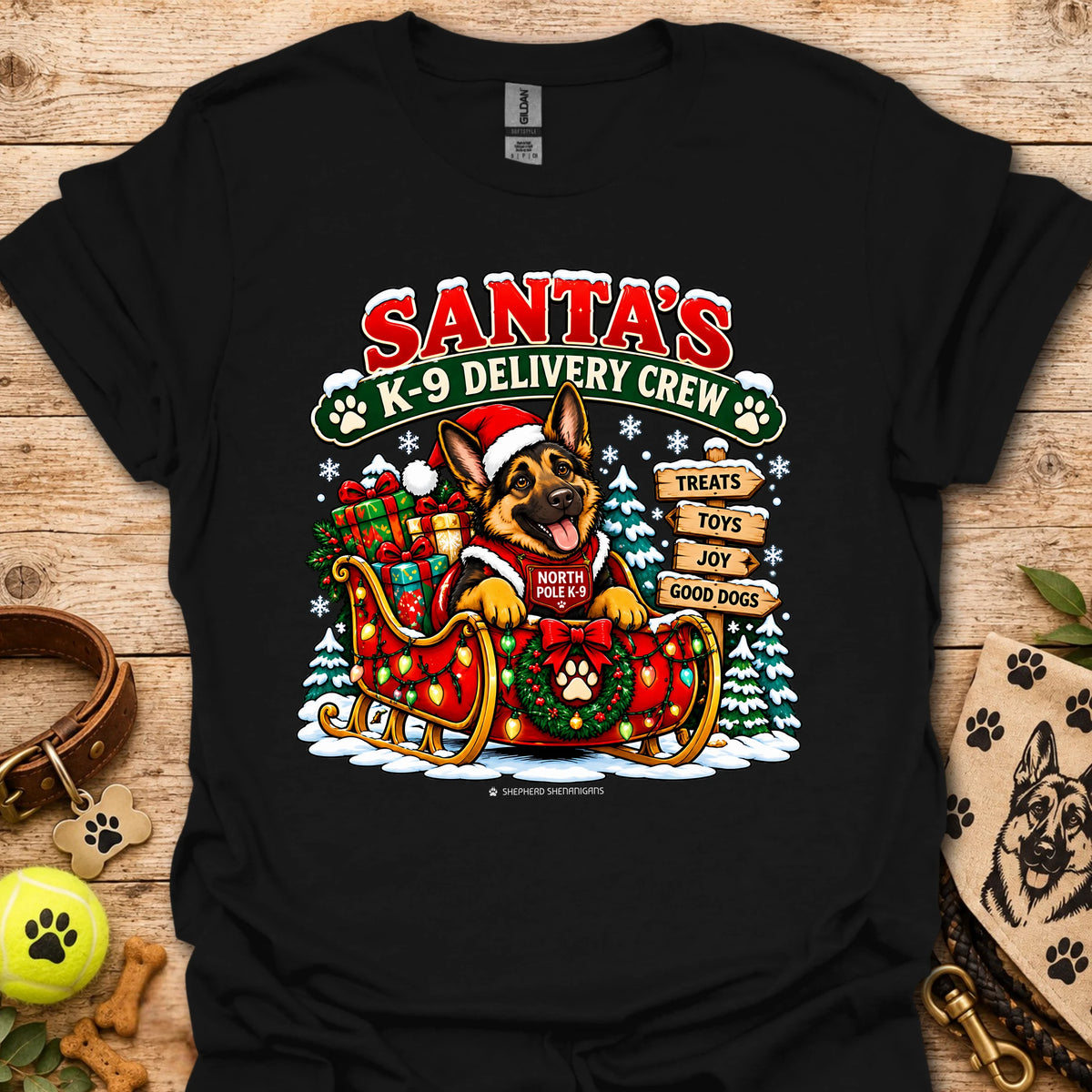 Santa's K9 Delivery Crew t-shirt, black with Santa dog delivery graphic