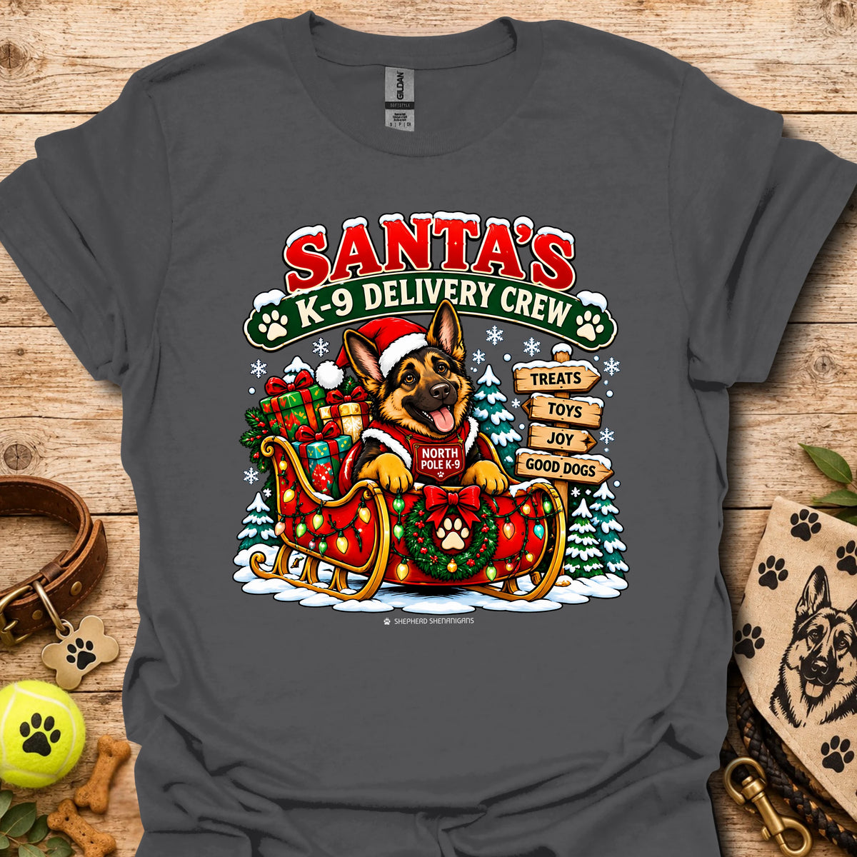 Santa's K9 Delivery Crew t-shirt, charcoal gray with Santa dog delivery graphic
