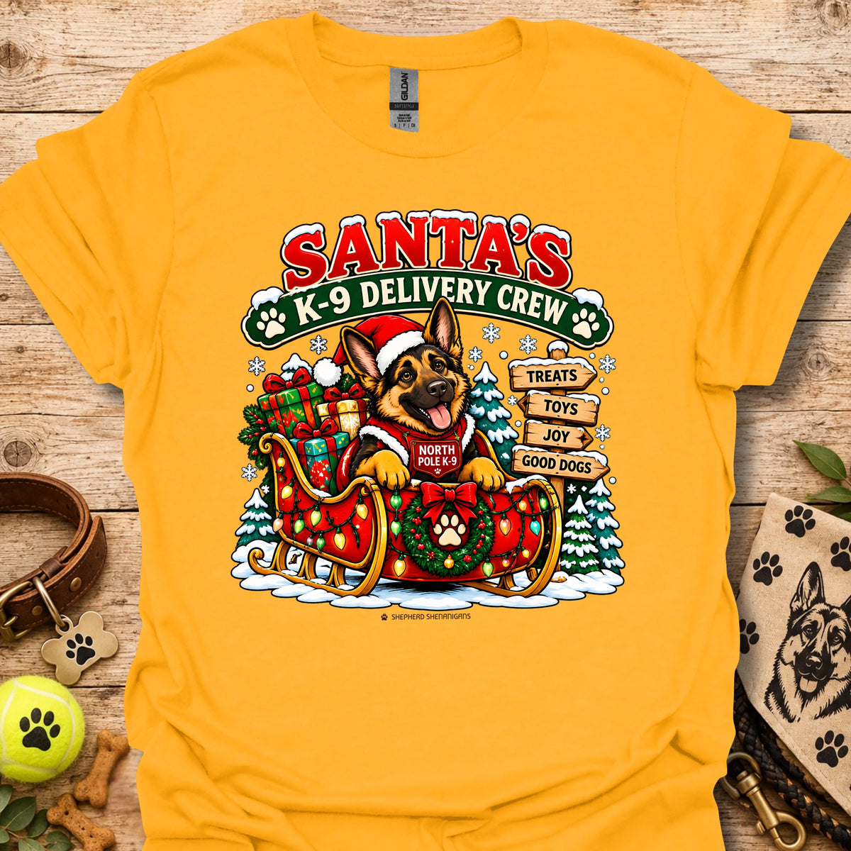 Santa's K9 Delivery Crew t-shirt, gold with Santa dog delivery graphic