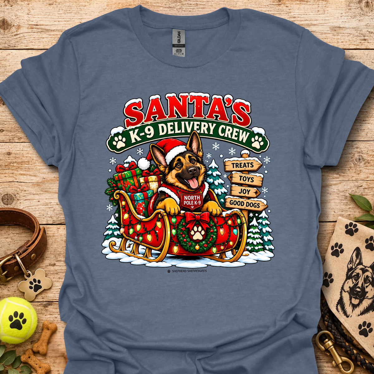 Santa's K9 Delivery Crew t-shirt, heather indigo with Santa dog delivery graphic